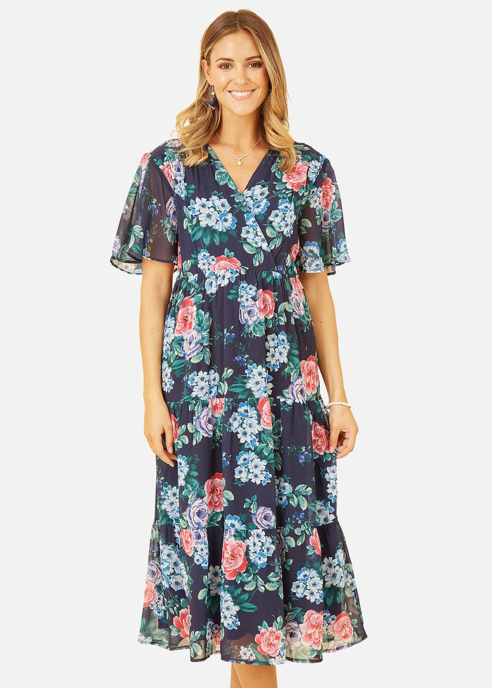 Yumi Navy Floral Wrap Midi Dress With Tiered Hem