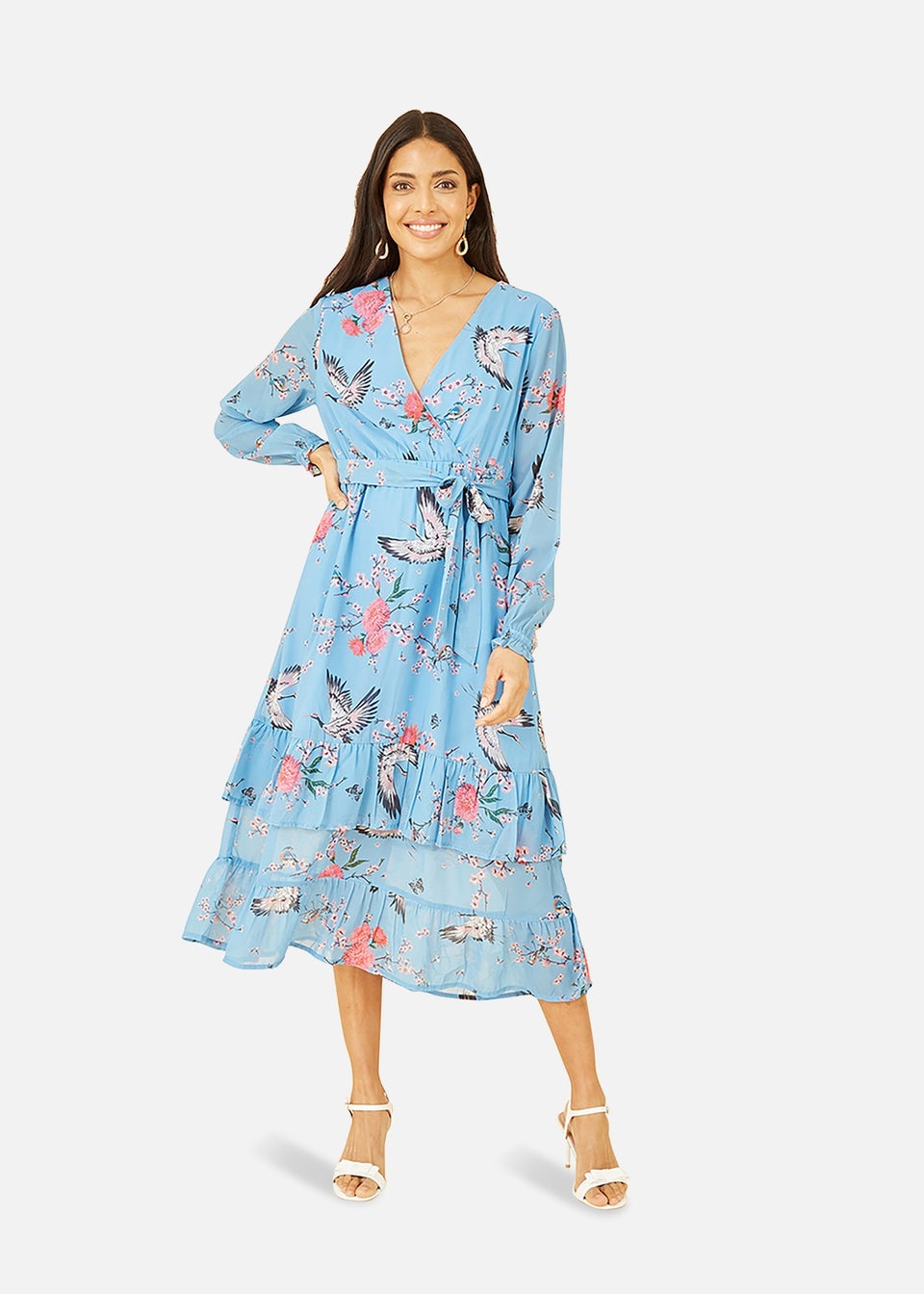 Yumi Blue Crane Print Long Sleeve Wrap Midi Dress