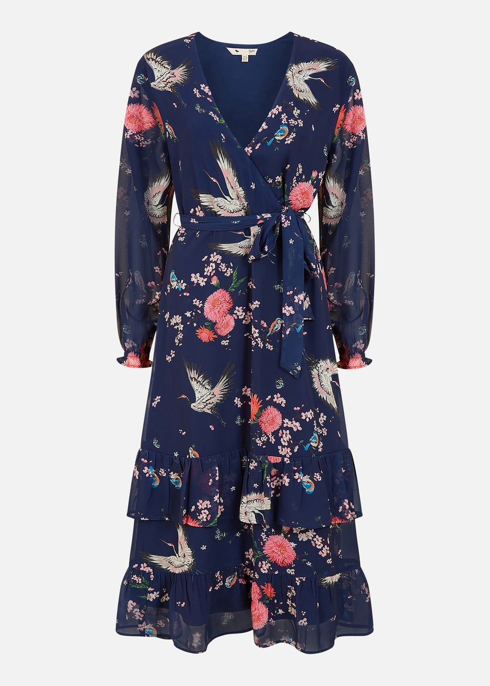 Yumi Navy Crane Print Long Sleeve Wrap Midi Dress