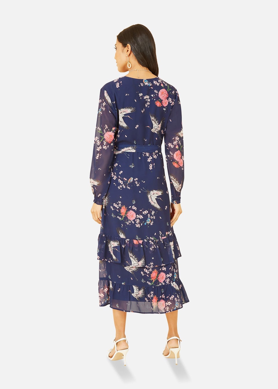 Yumi Navy Crane Print Long Sleeve Wrap Midi Dress