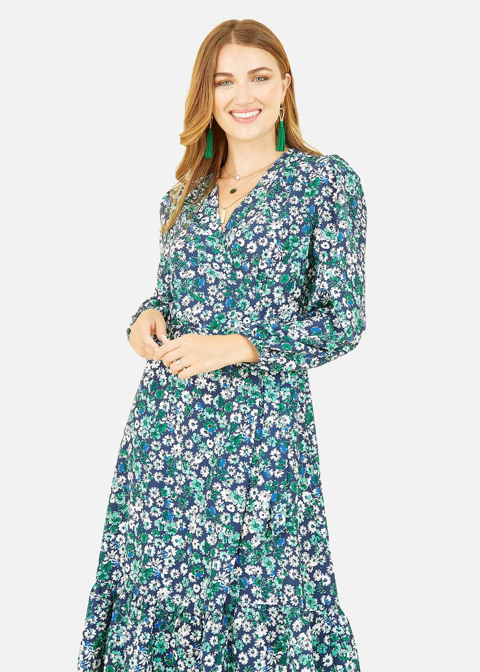 Yumi Green Daisy Print Wrap Midi Dress