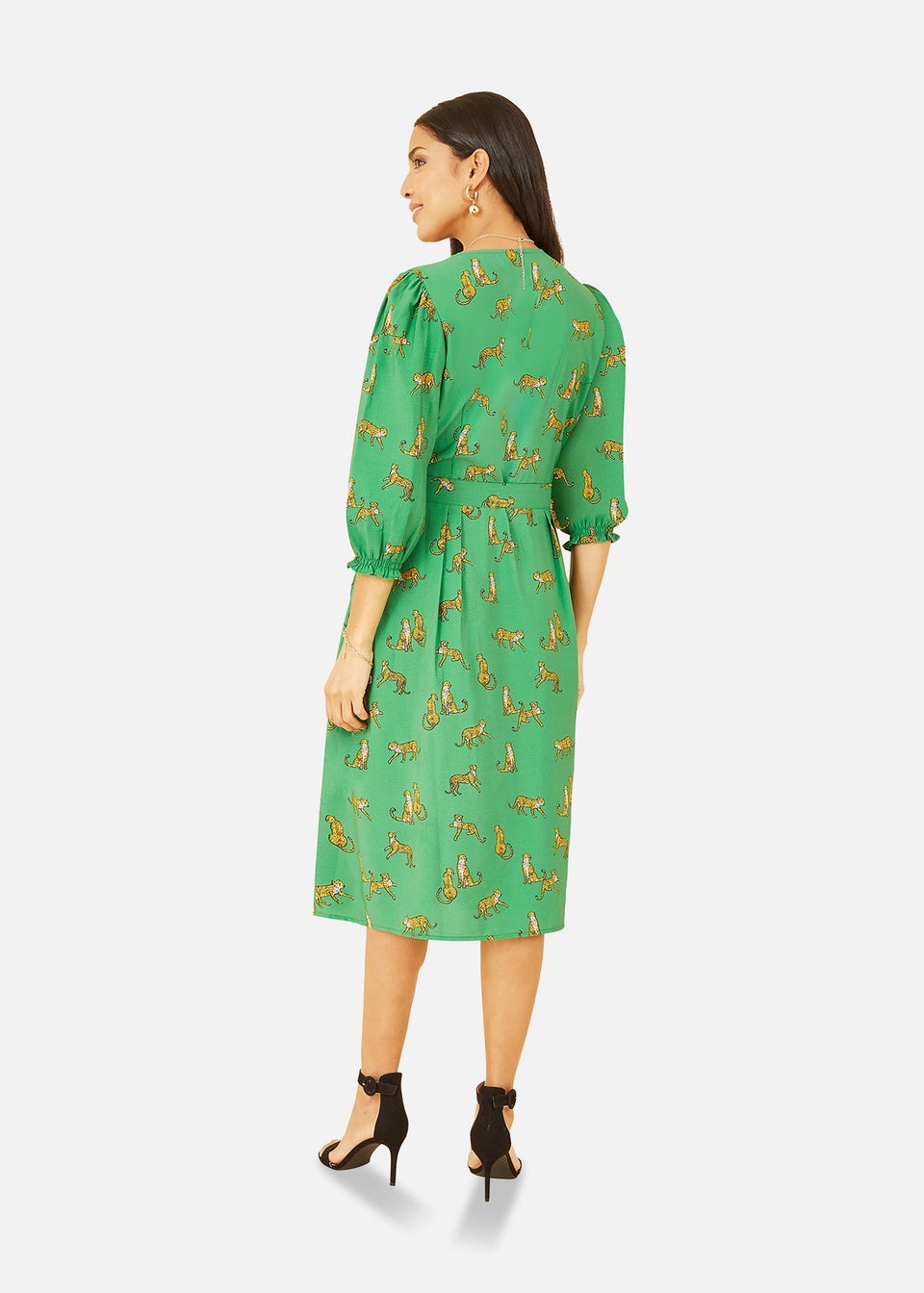 Yumi Green Cheetah Print Midi Shirt Dress