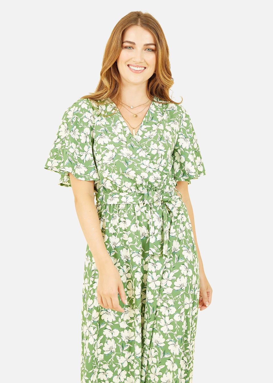 Yumi Green Floral Wrap Midi Dress - Matalan