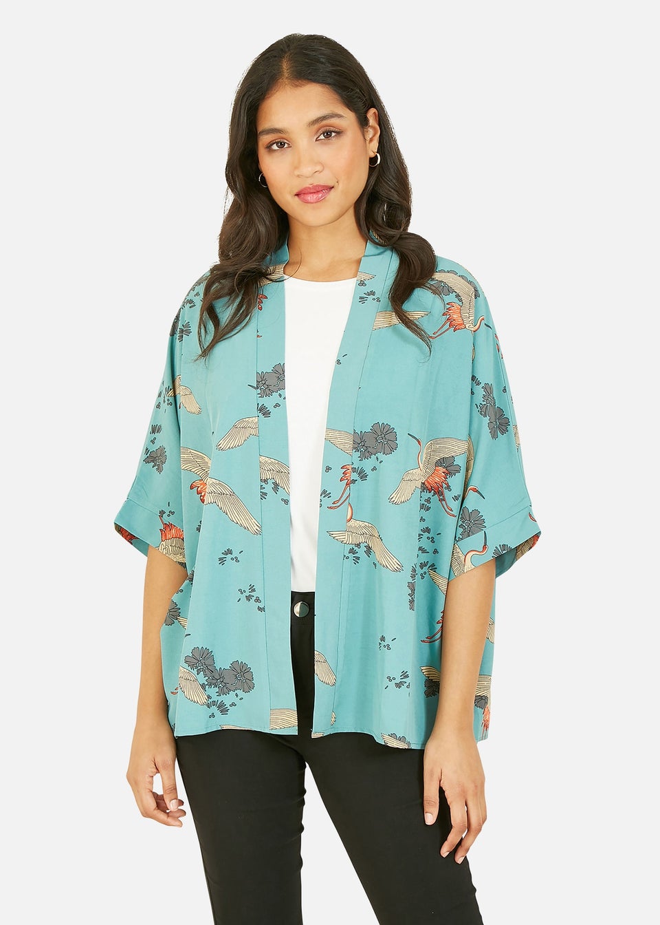 Yumi Green Crane Print Kimono