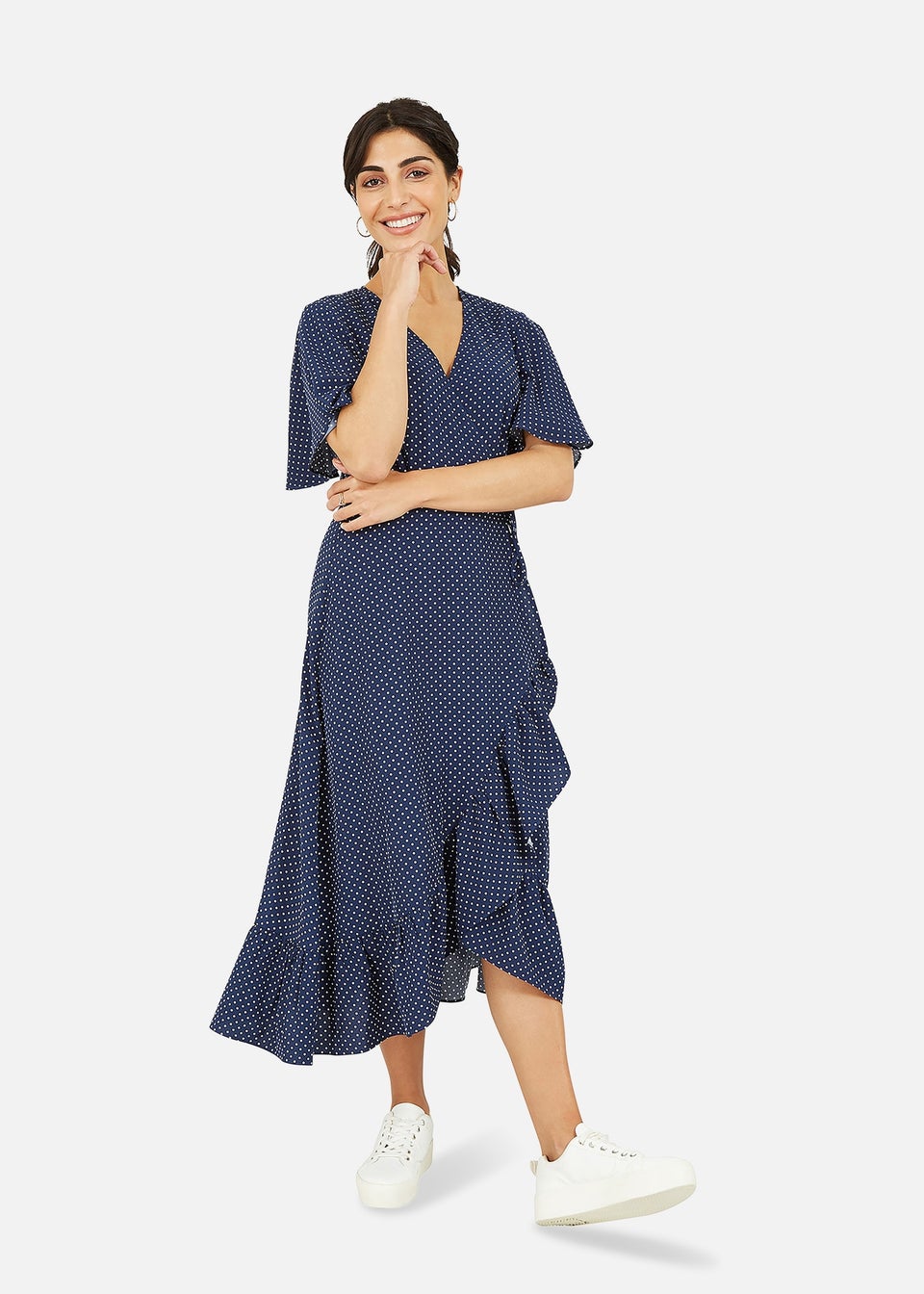 Mela Navy Spotted Wrap Midi Dress