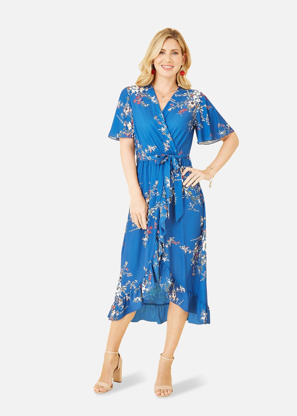 Mela Blue Floral Dip Hem Wrap Midi Dress