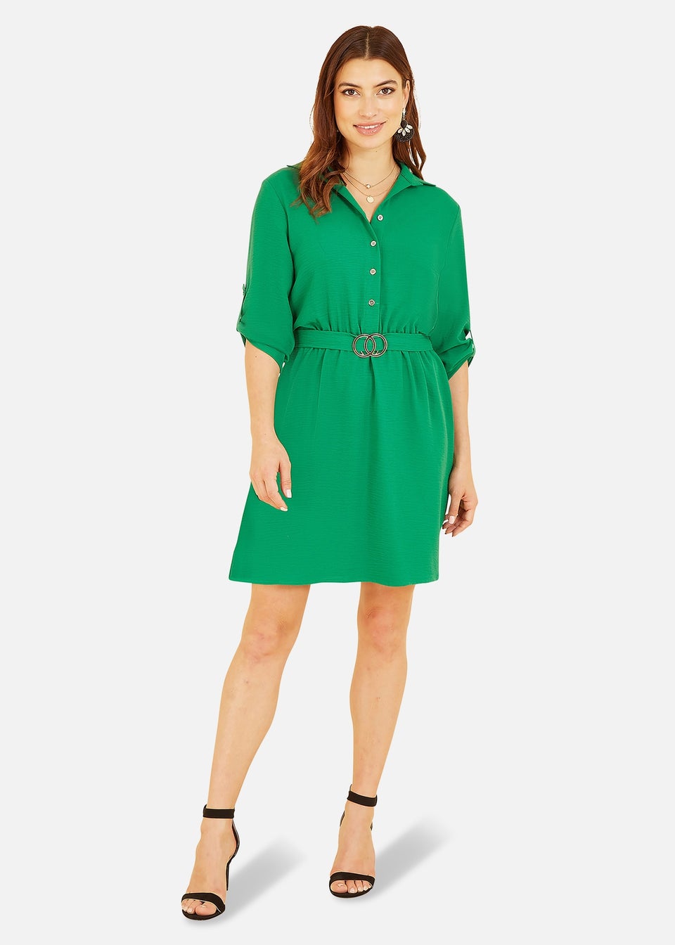 Mela Green Belted Shirt Dress With Gold Buckle