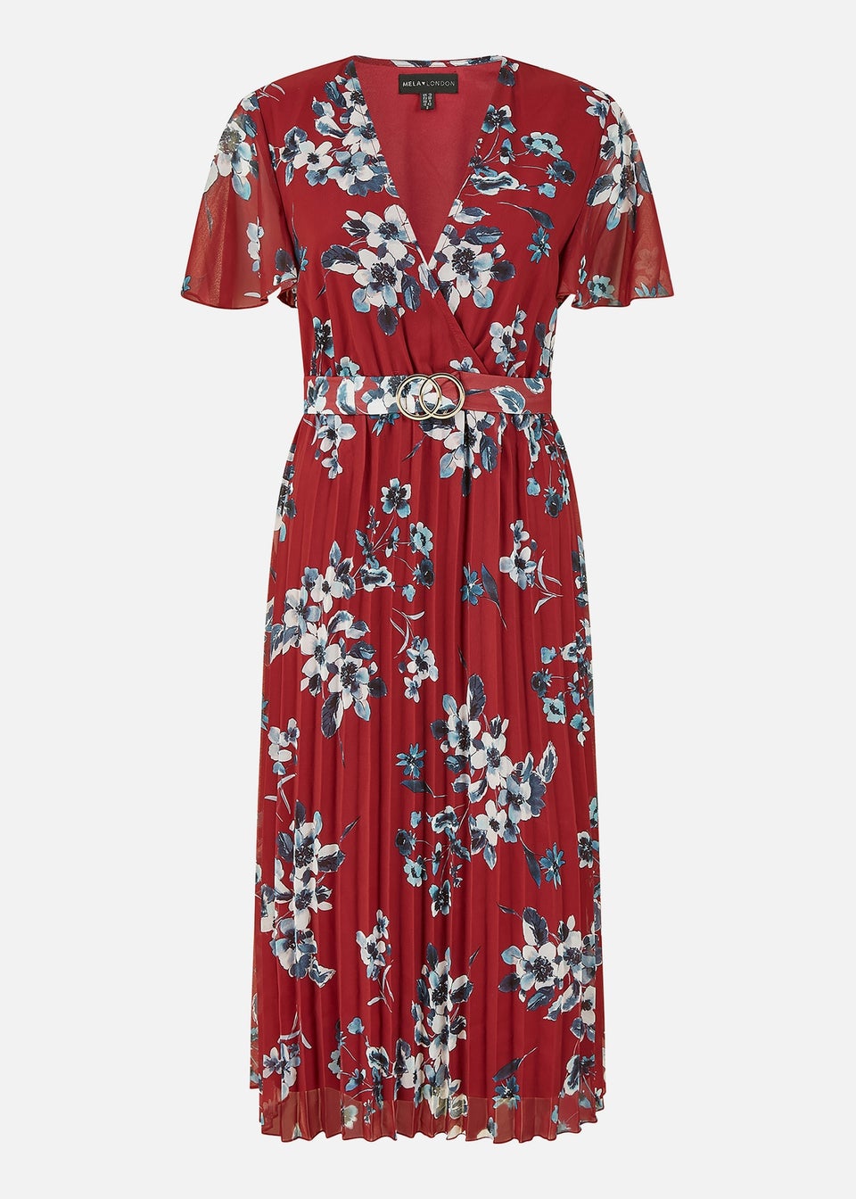 Mela Red Floral Print Pleated Dress With Gold Buckle