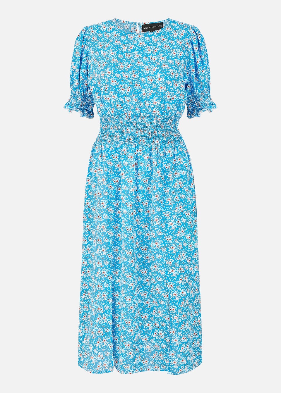 Mela Blue Floral Print Shirred Waist Midi Dress