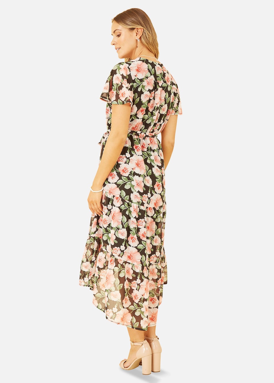 Mela Black Floral Wrap Dress With Tiered Dipped Hem