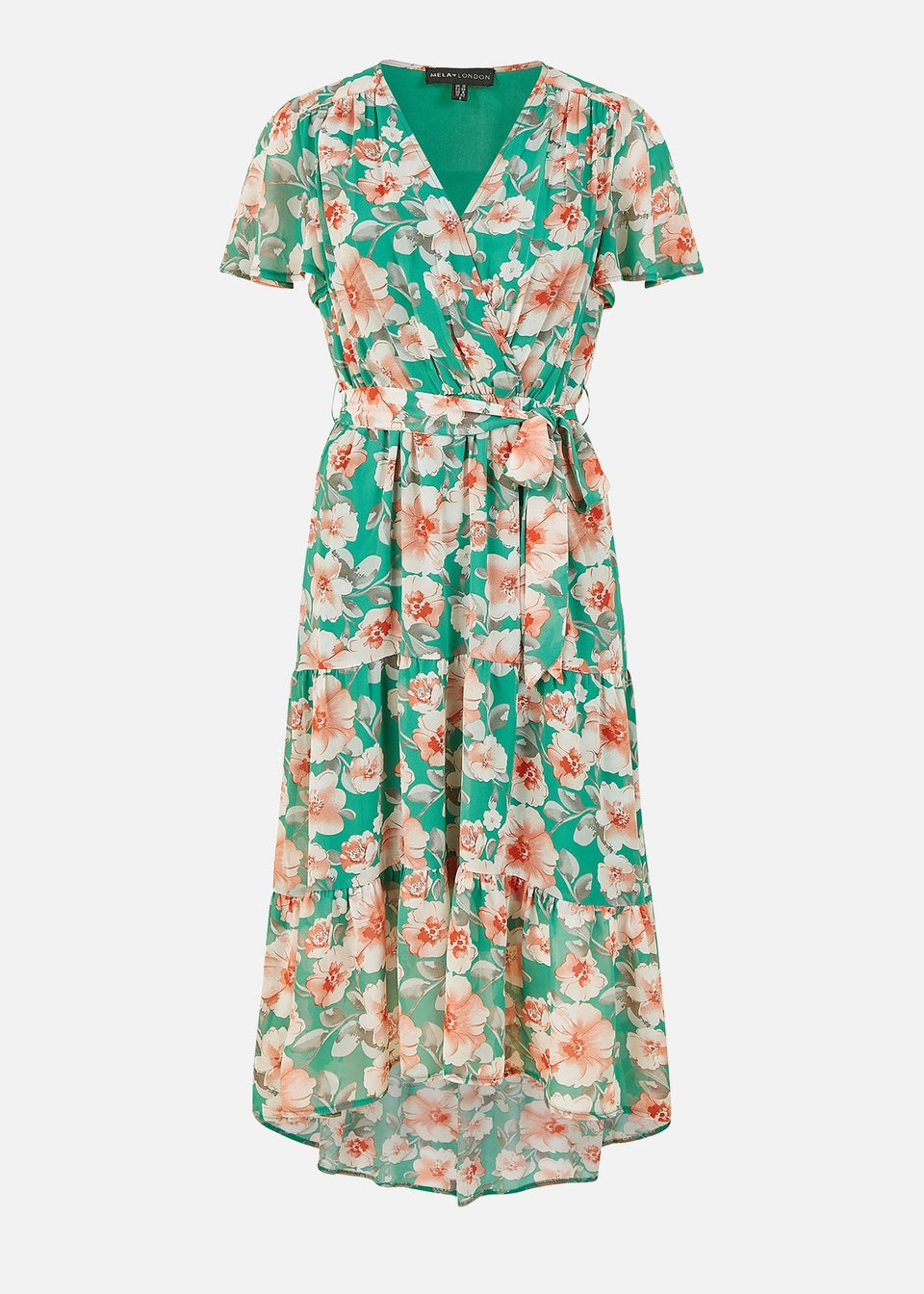 Mela Green Floral Wrap Dress With Tiered Dipped Hem