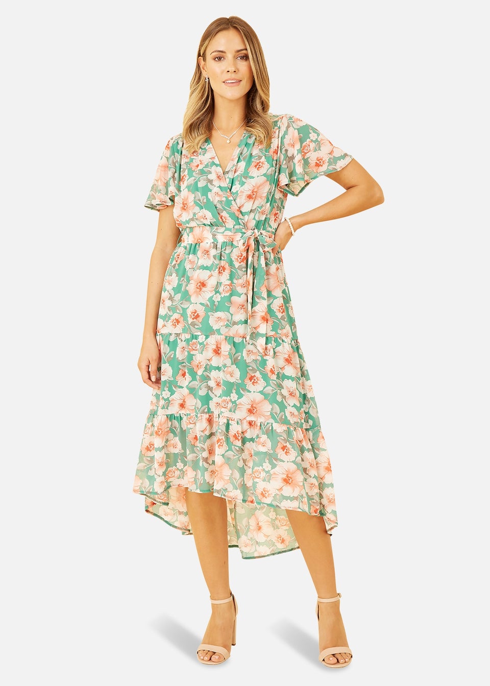Mela Green Floral Wrap Dress With Tiered Dipped Hem