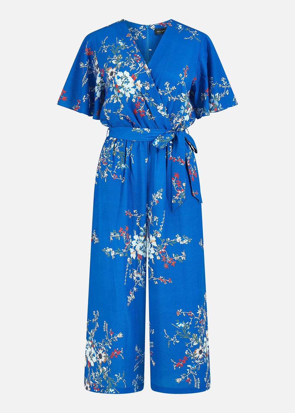 Mela Blue Floral Print Jumpsuit With Angel Sleeves