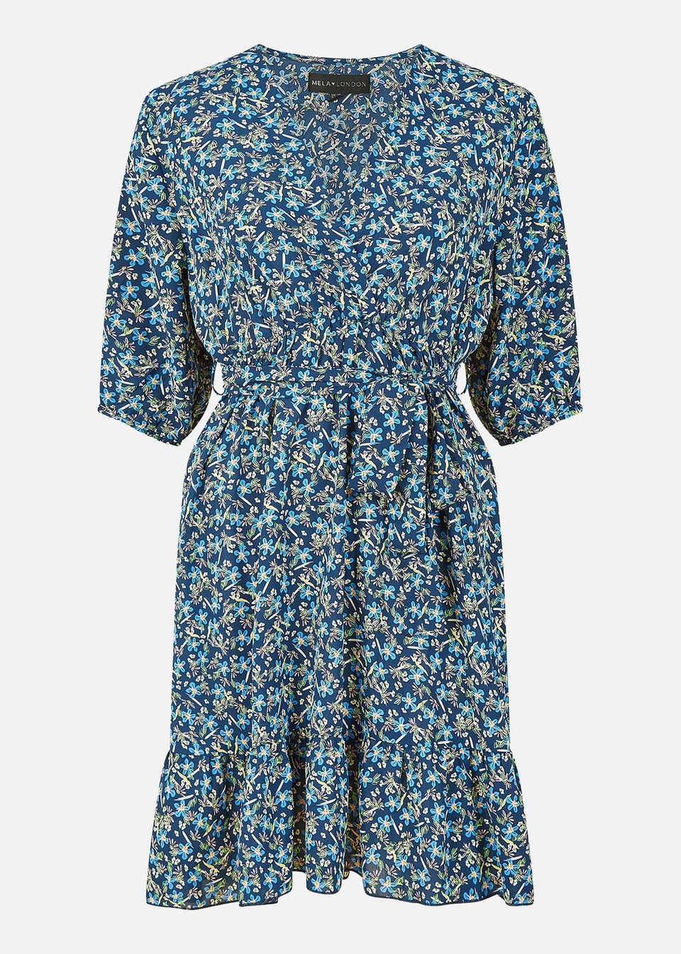 Mela Blue Ditsy Floral Wrap Skater Dress