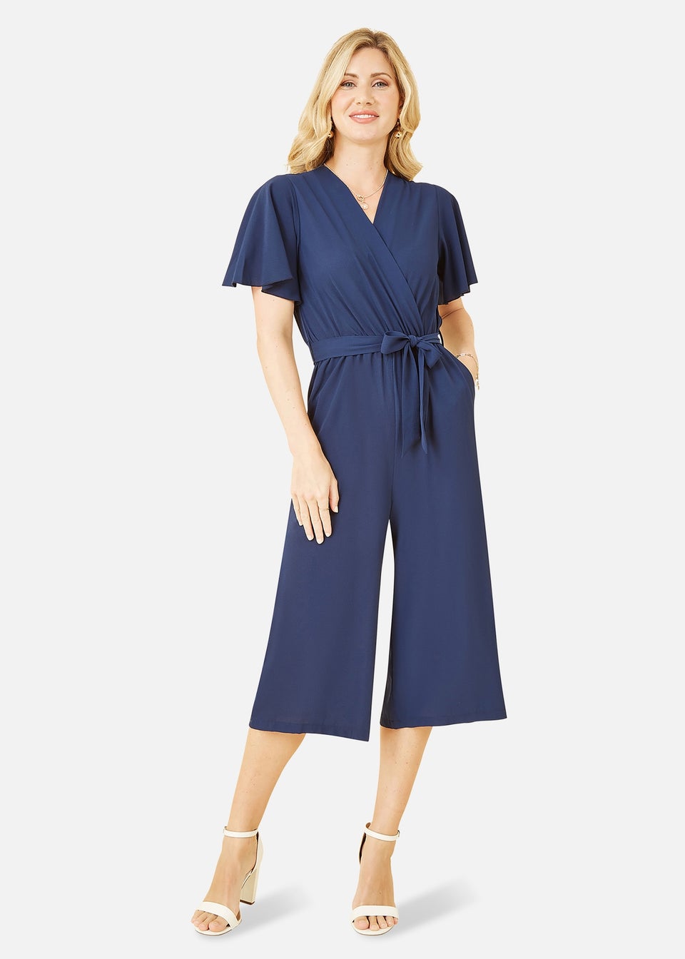 Mela Navy Wrap Over Jumpsuit With Angel Sleeves