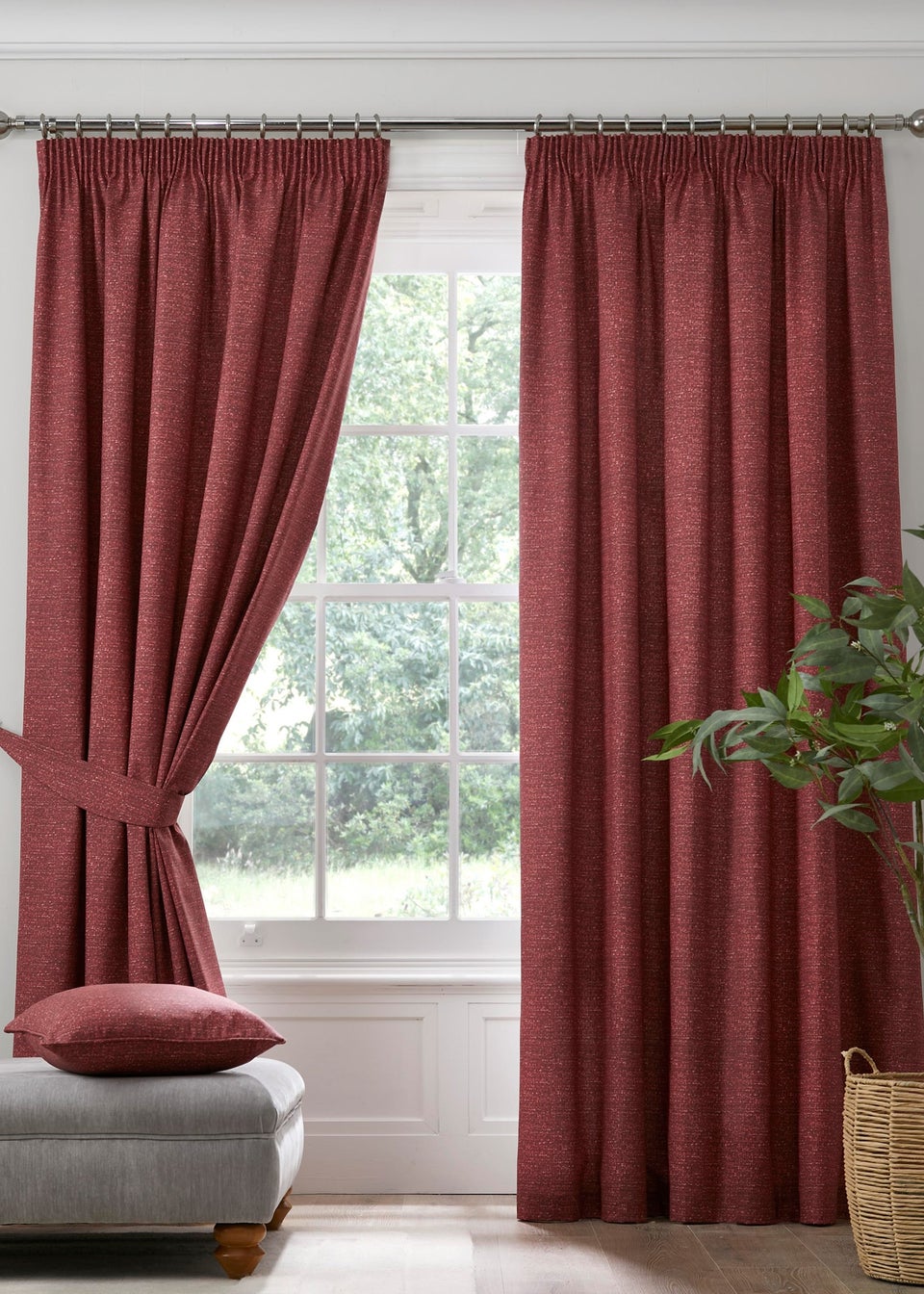 Dreams & Drapes Pembrey Brushed Cotton Red Pencil Pleat Curtains With Tie-Backs