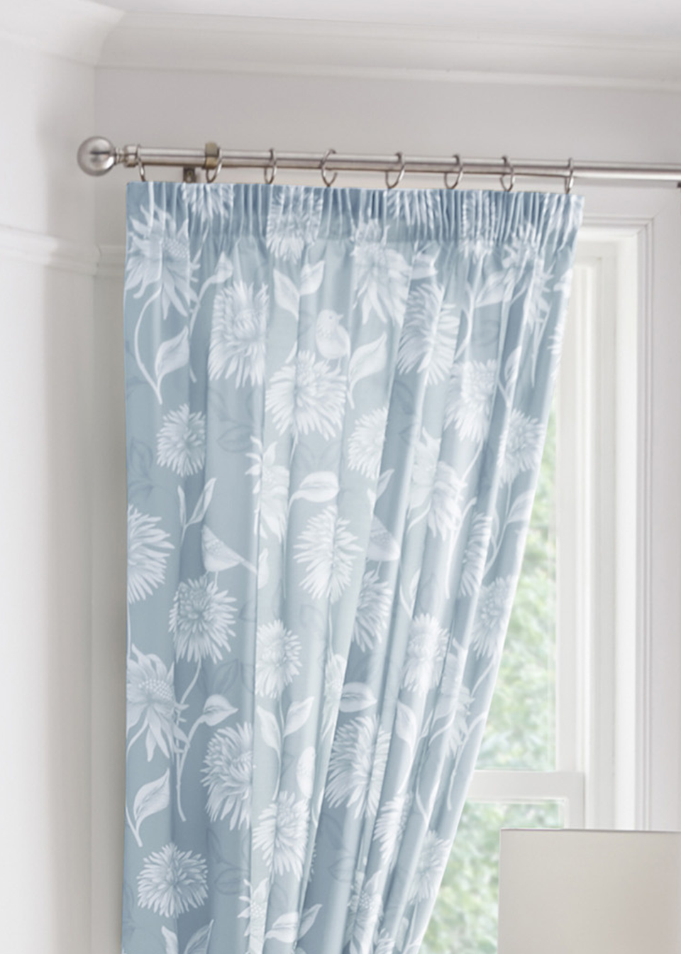 Dreams & Drapes Design Chrysanthemum Blue Pencil Pleat Curtains With Tie-Backs