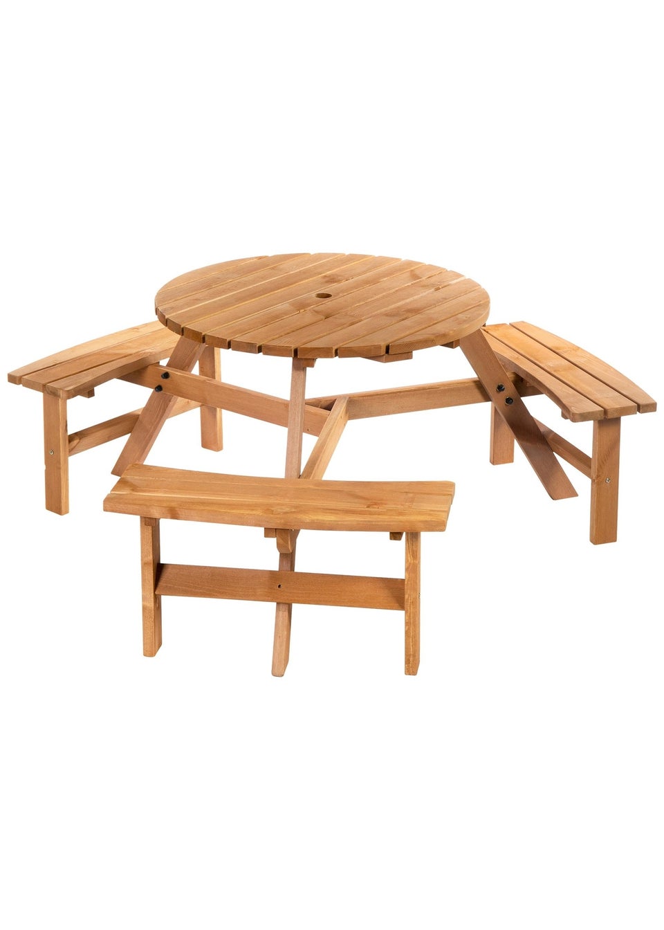 Outsunny 6 Seater Wooden Picnic Table and Bench Set Round Patio Dining Set with 3 Benches and Umbrella Hole