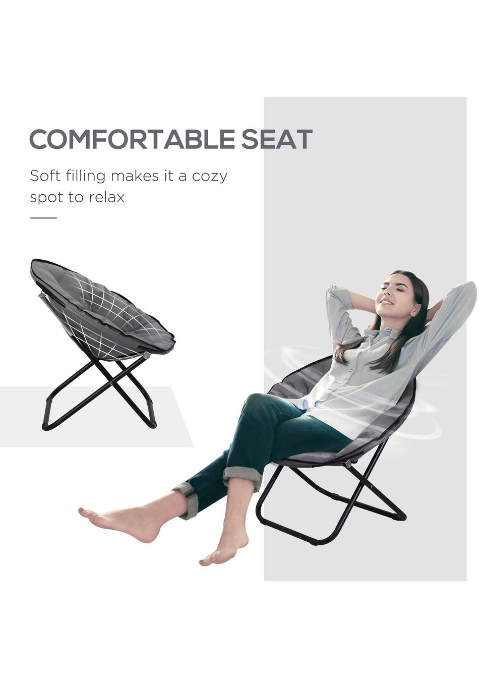 Outsunny Folding Saucer Moon Chair Oversized Padded Seat Round Oxford Grey