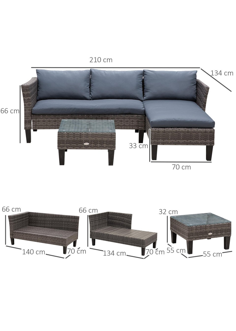 Outsunny 3 Pcs Garden Sofa PE Rattan Set - Grey