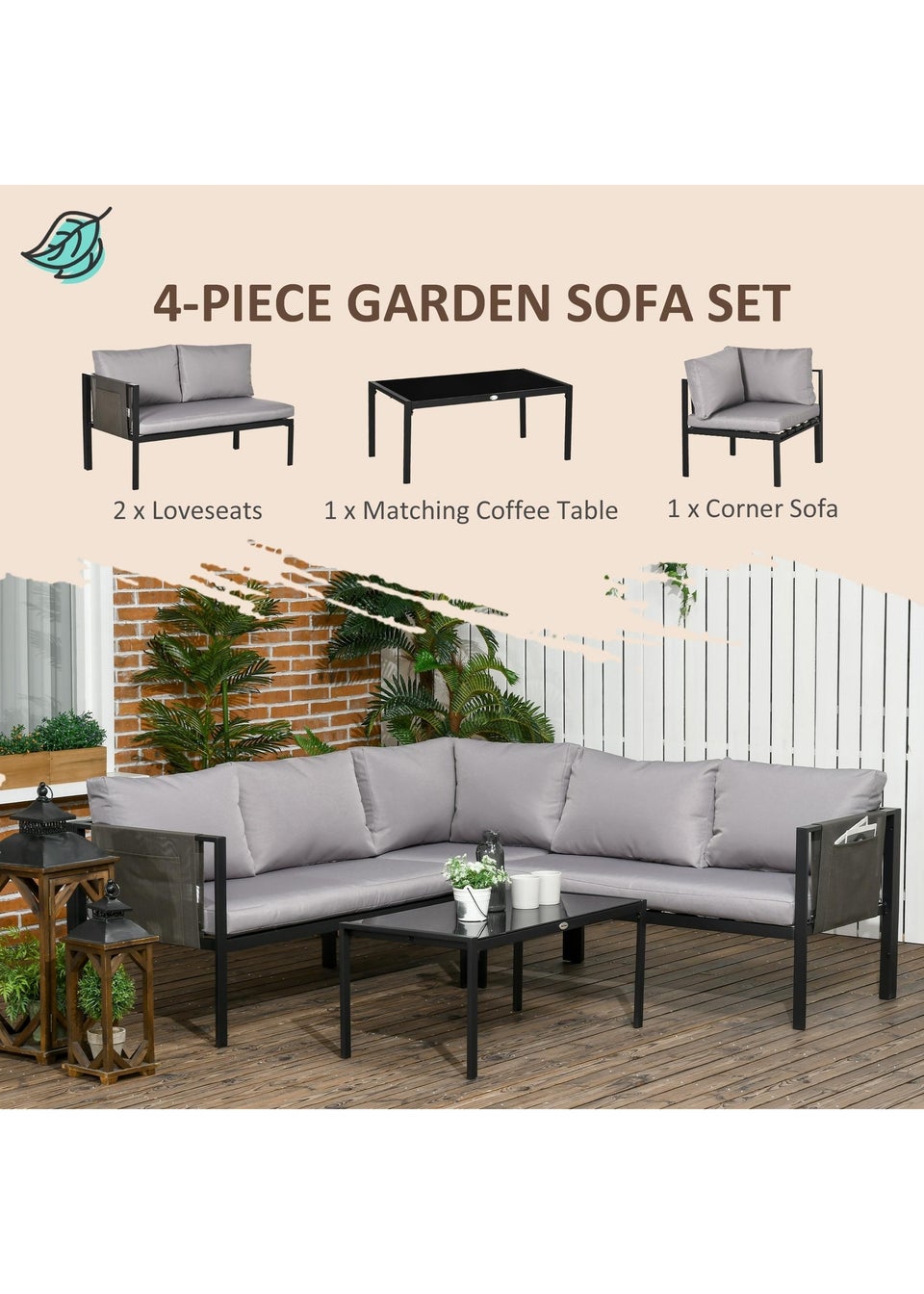 Outsunny 4 Pcs Metal Garden Sofa Set with Cushions