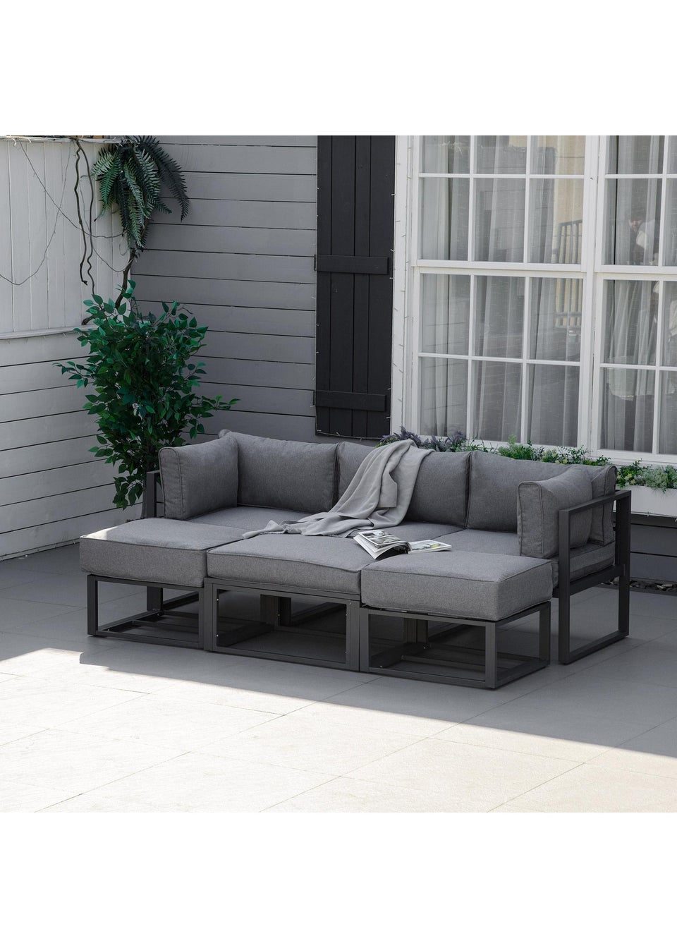 Outsunny 6 PCs Garden Daybed Aluminum Sectional Sofa Set- Grey