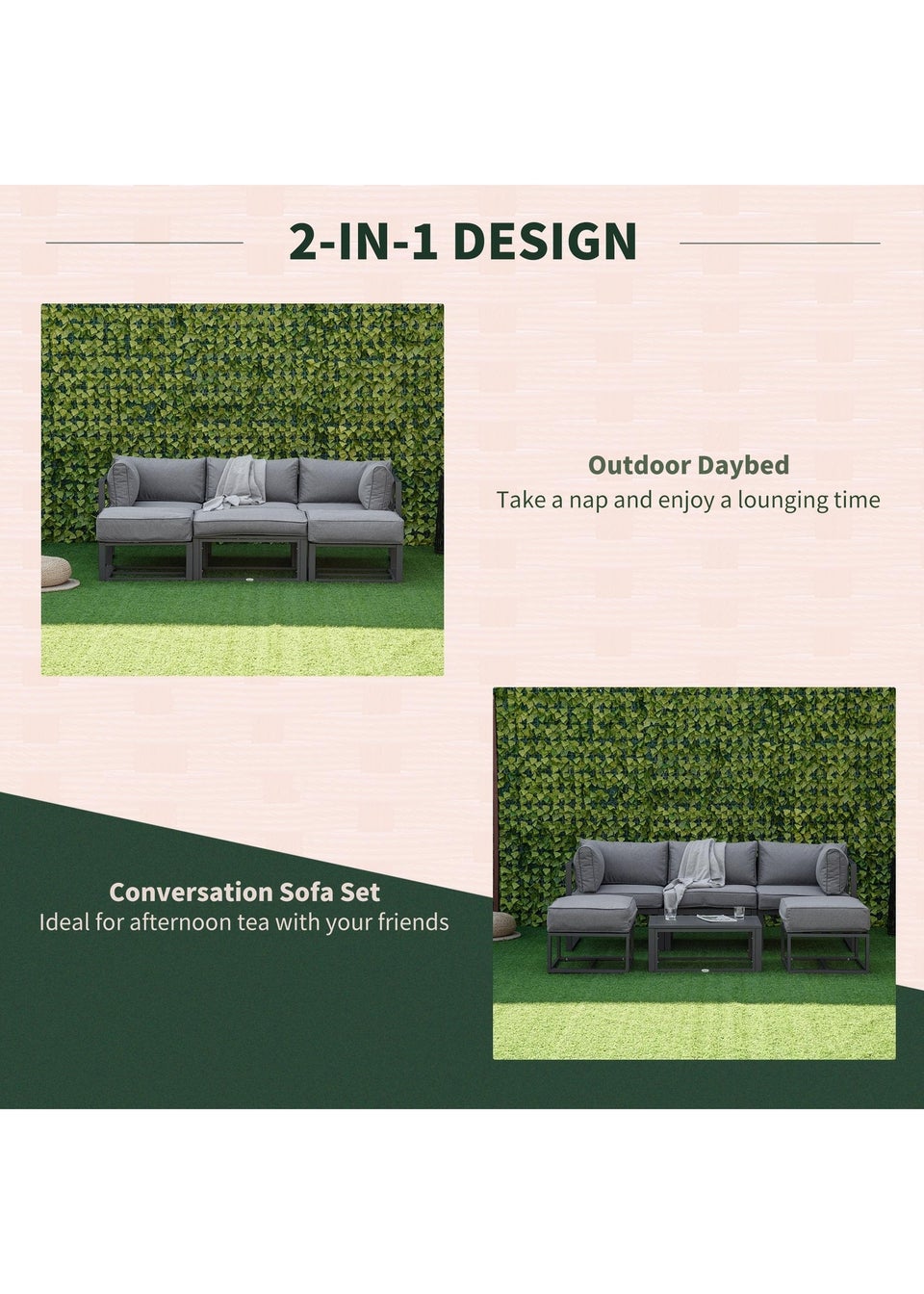 Outsunny 6 PCs Garden Daybed Aluminum Sectional Sofa Set- Grey