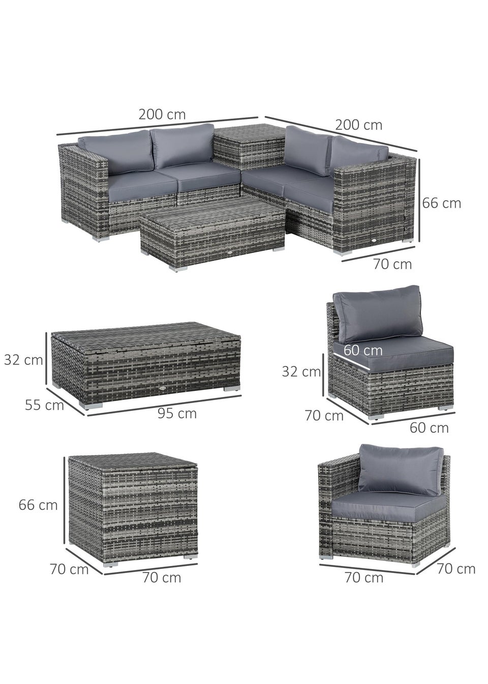 Outsunny 6PC Rattan Corner Sofa Set - Grey