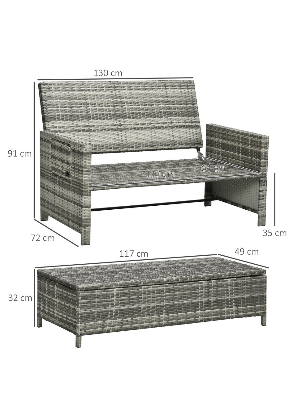 Outsunny 2 Seater Rattan Furniture Sofa Sun Lounger Daybed