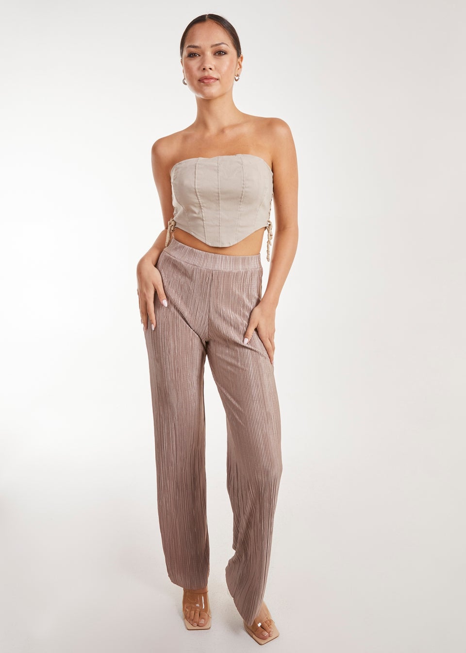 Pink Vanilla Brown Plisse Flared Trousers