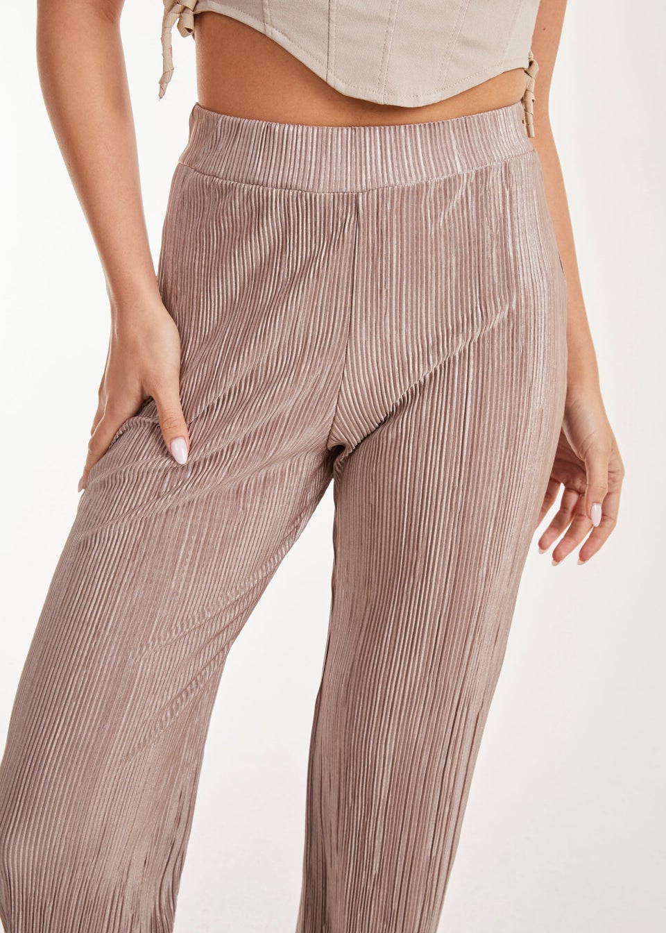 Pink Vanilla Brown Plisse Flared Trousers