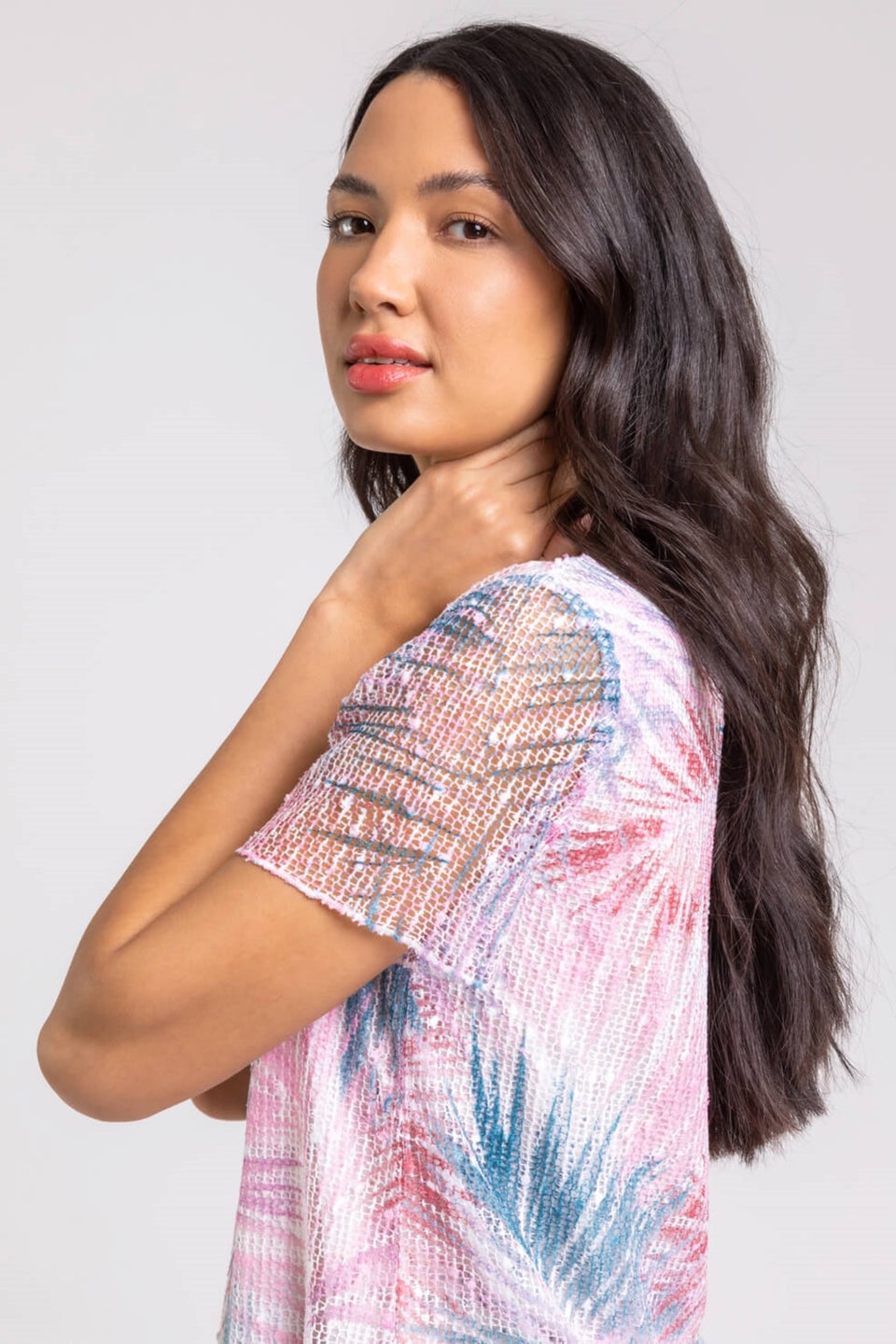 Roman Pink Sequin Mesh Stretch Leaf Print Top