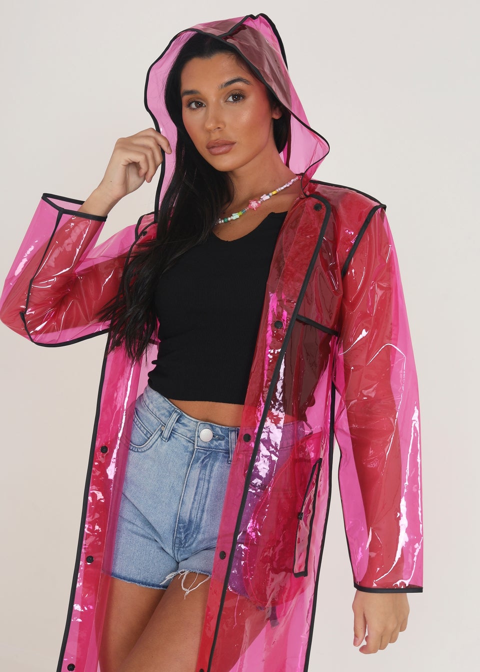 Brave Soul Pink Hooded Longline Rain Mac With Contrasting Binding
