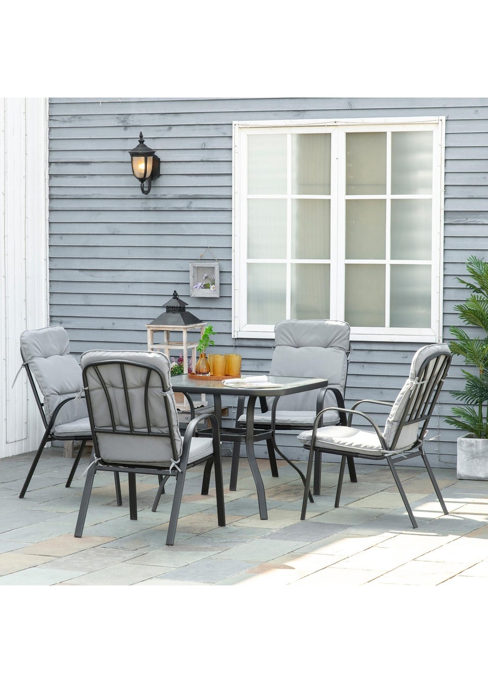 Outsunny Garden Dining Set, Glass Table w/ Umbrella Hole Grey