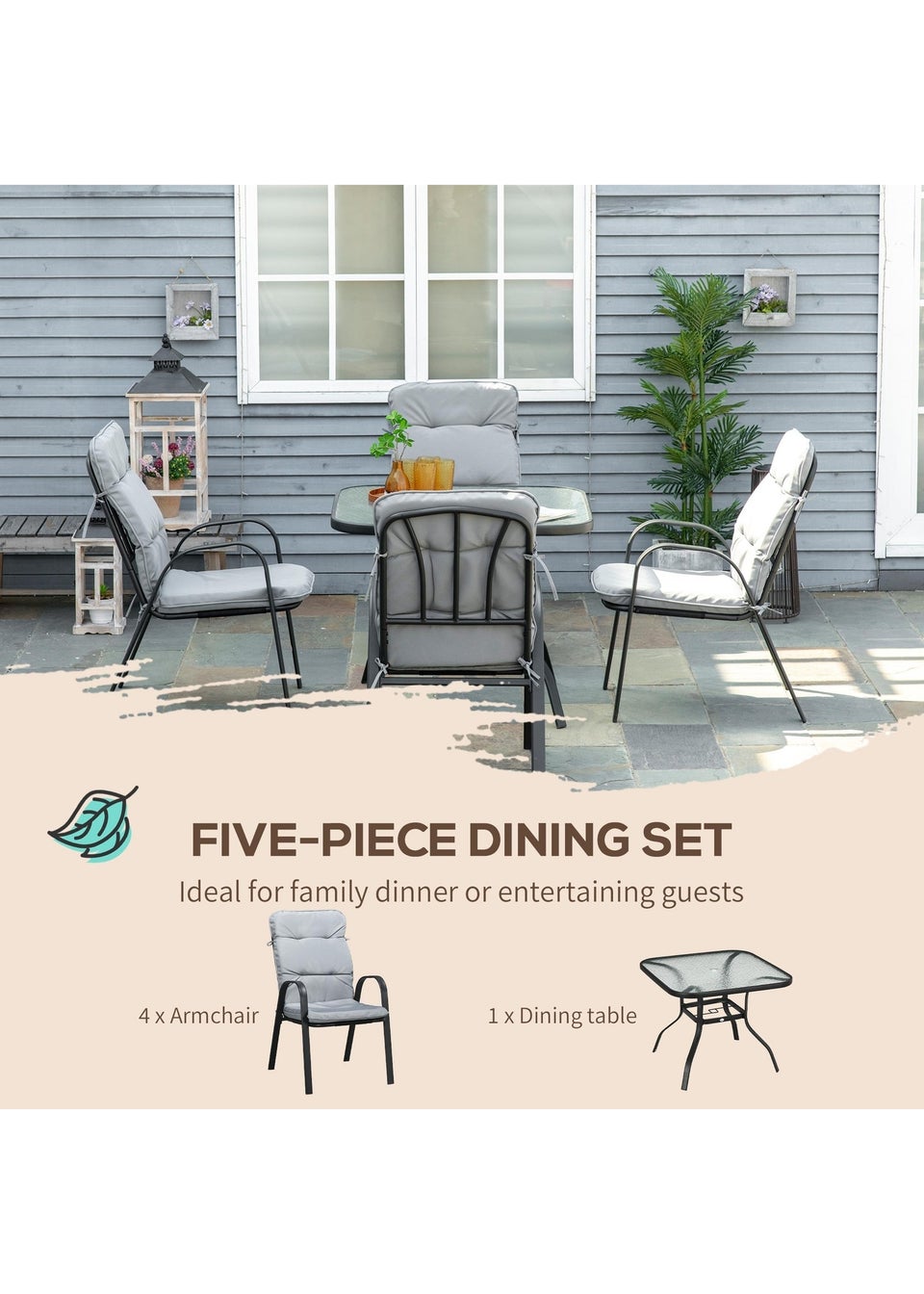 Outsunny Garden Dining Set, Glass Table w/ Umbrella Hole Grey