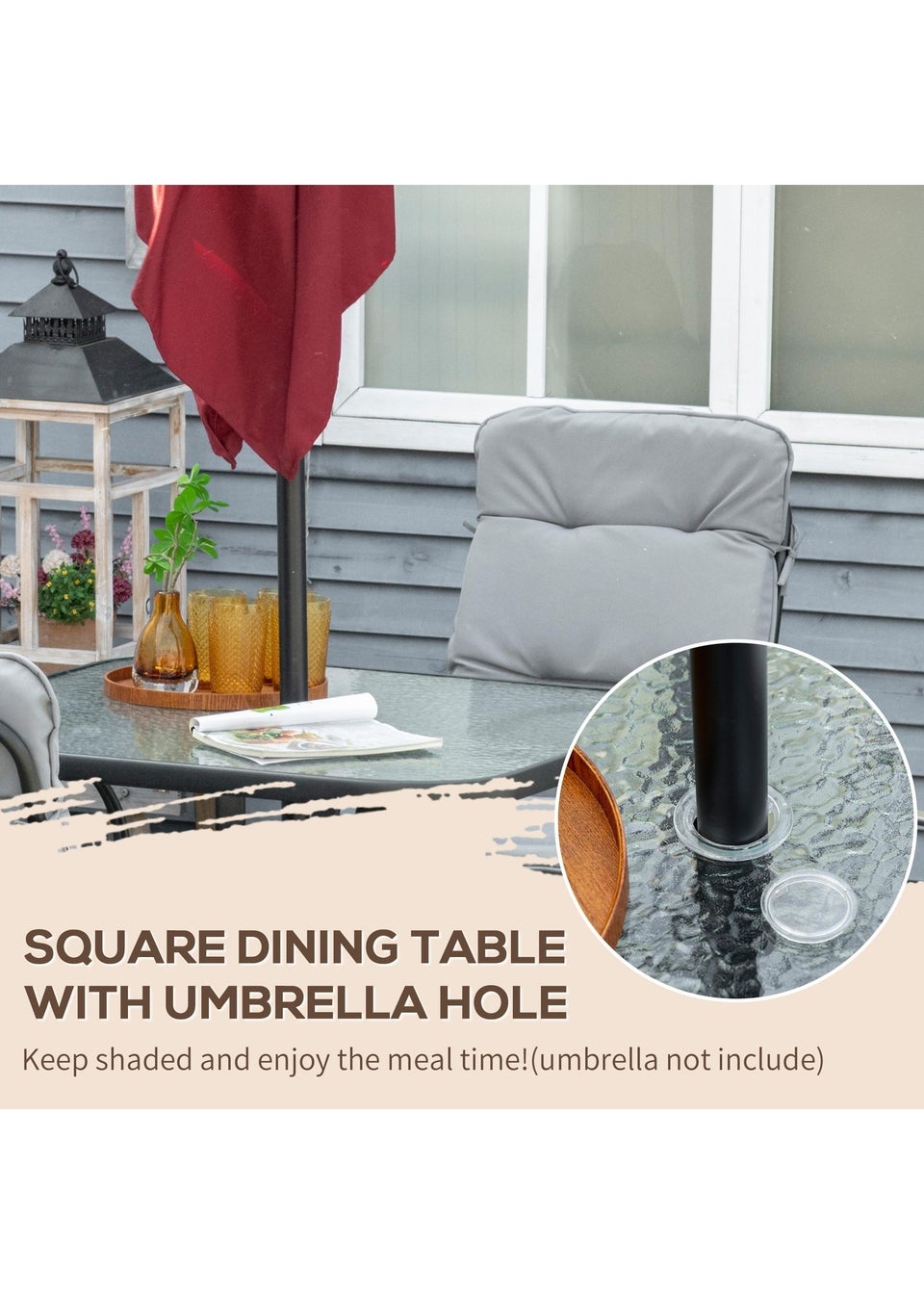 Outsunny Garden Dining Set, Glass Table w/ Umbrella Hole Grey