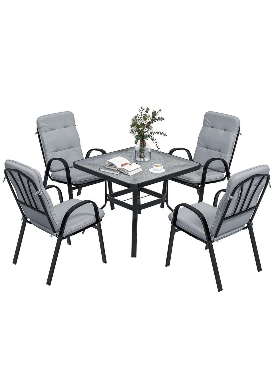 Outsunny Garden Dining Set, Glass Table w/ Umbrella Hole Grey