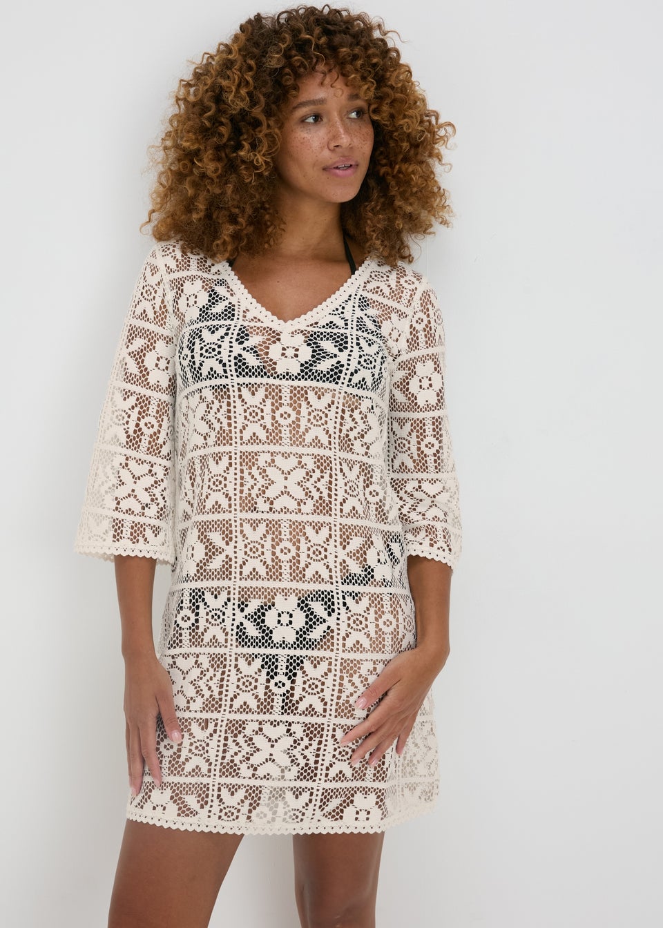 Cream Crochet Long Sleeve Mini Dress