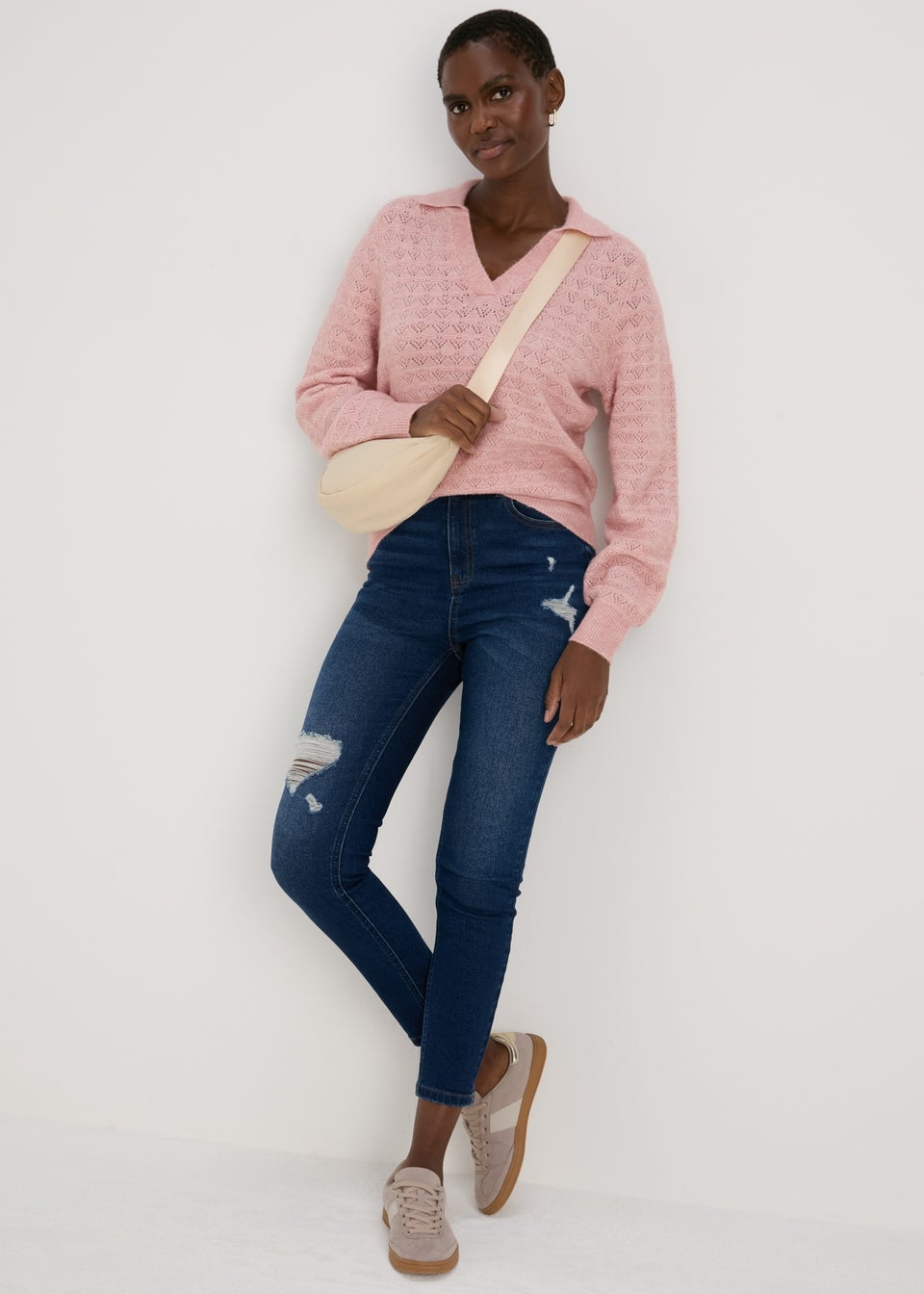 Pink Pointelle Open Collar Jumper