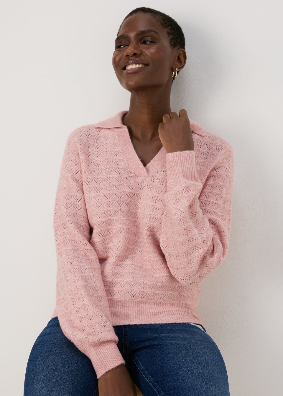 Pink Pointelle Open Collar Jumper Matalan