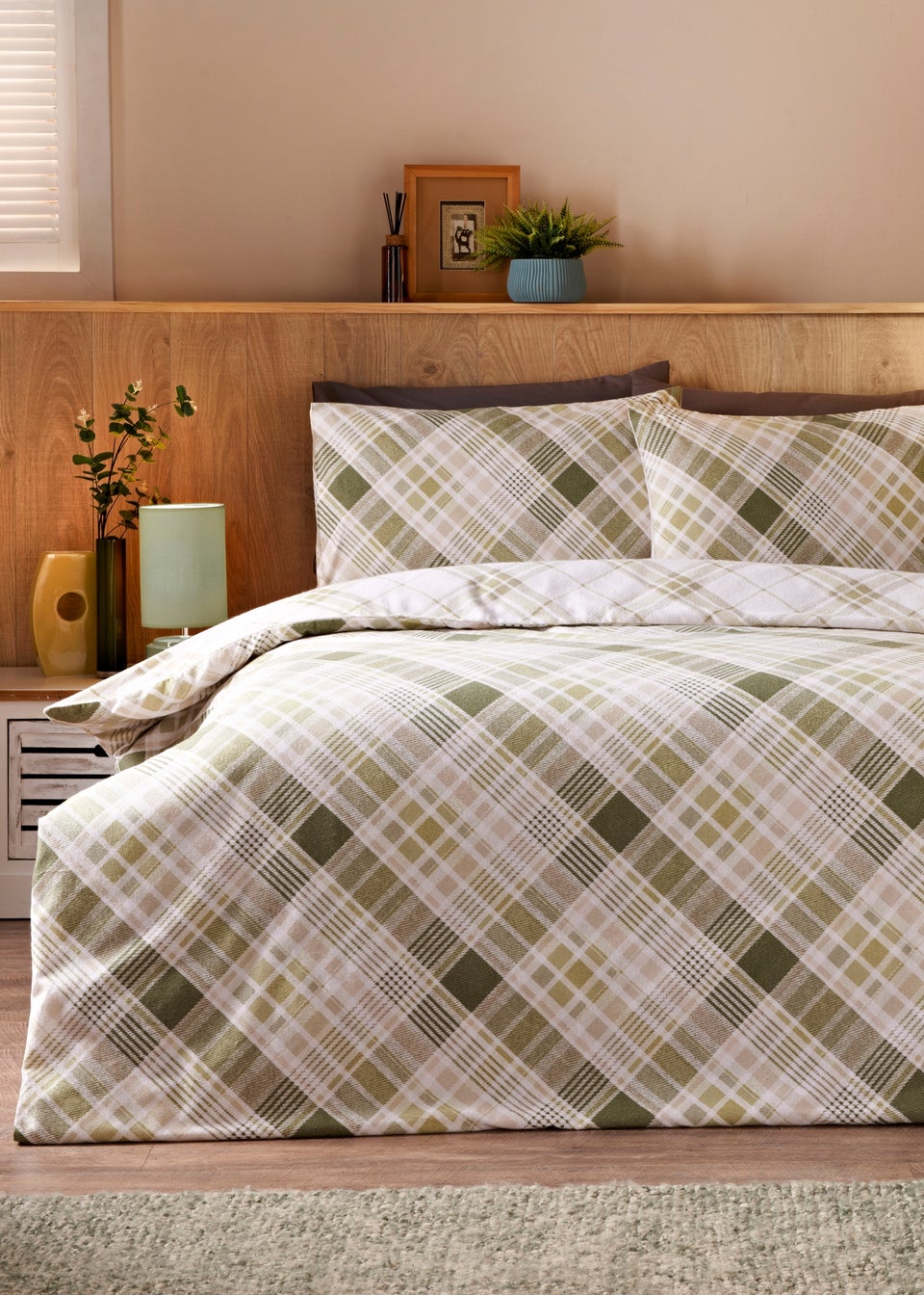 Green Checked Brushed Cotton Duvet Set