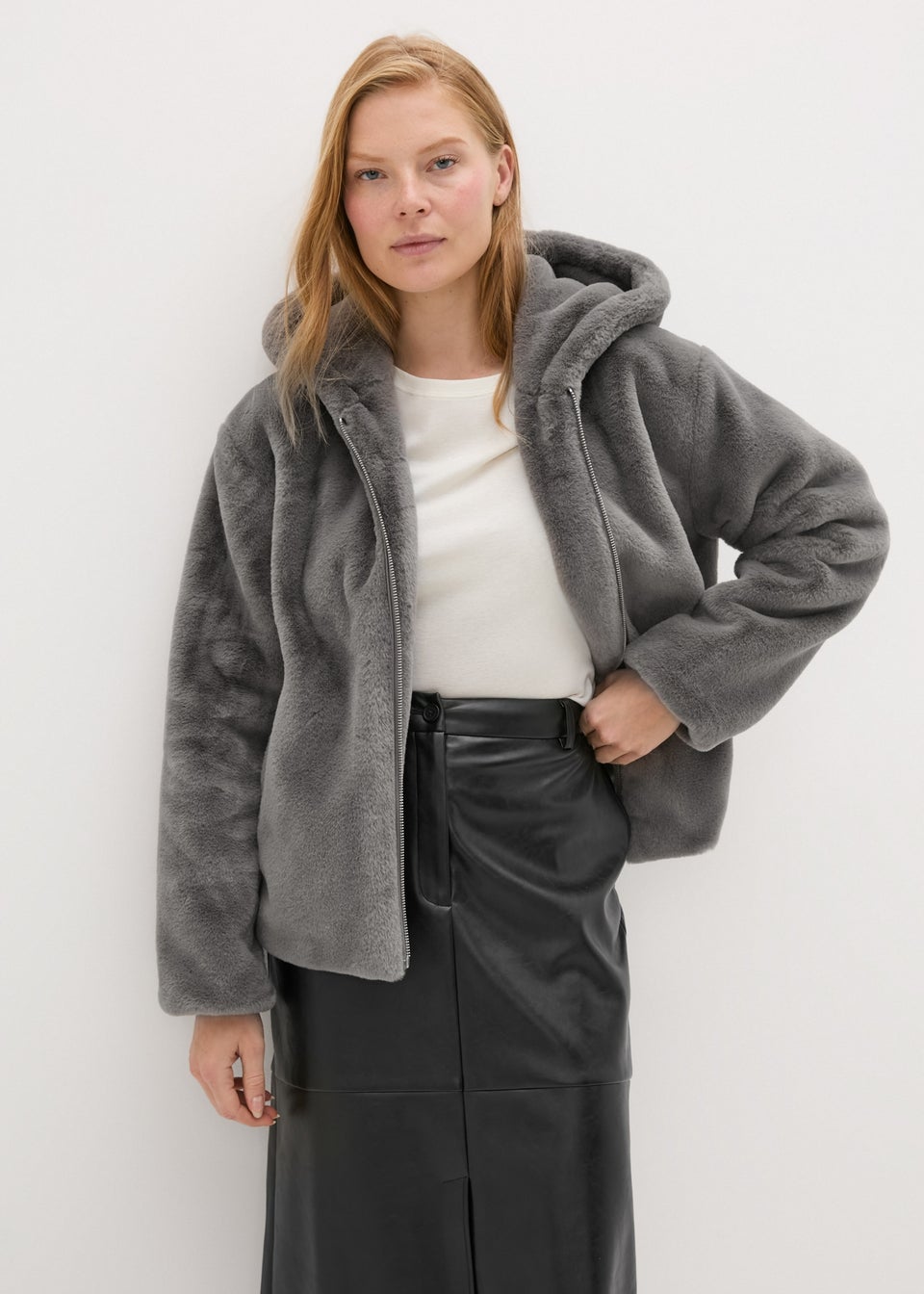 Grey faux fur hooded coat deals