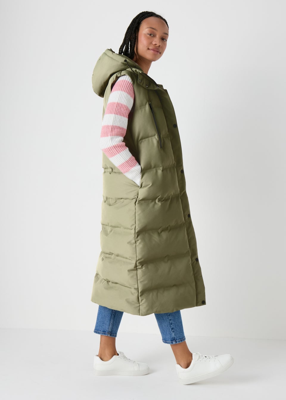 Khaki Contrast Long Padded Gilet