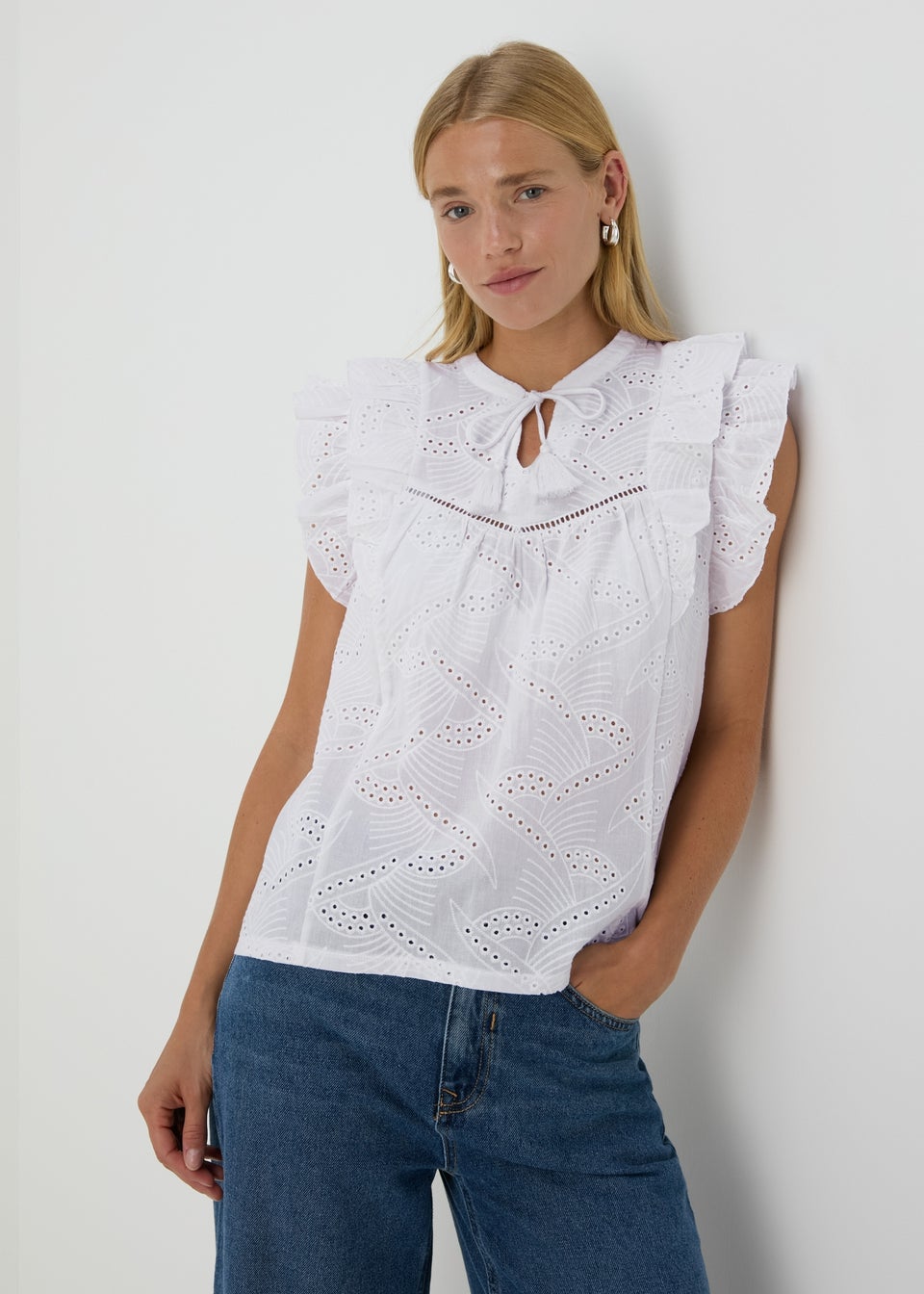 White Schiffli Front Tie Vest Top