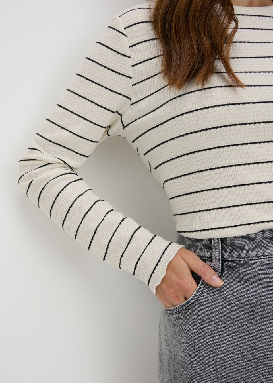 Cream Striped Long Sleeve T Shirt