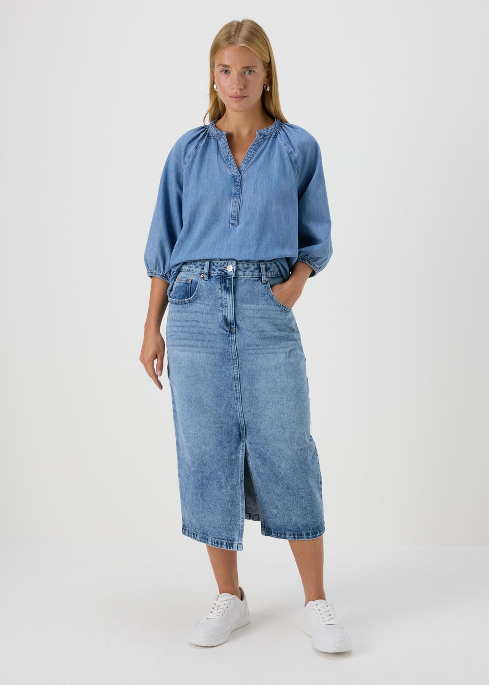 Light Wash Denim Midi Skirt - Matalan