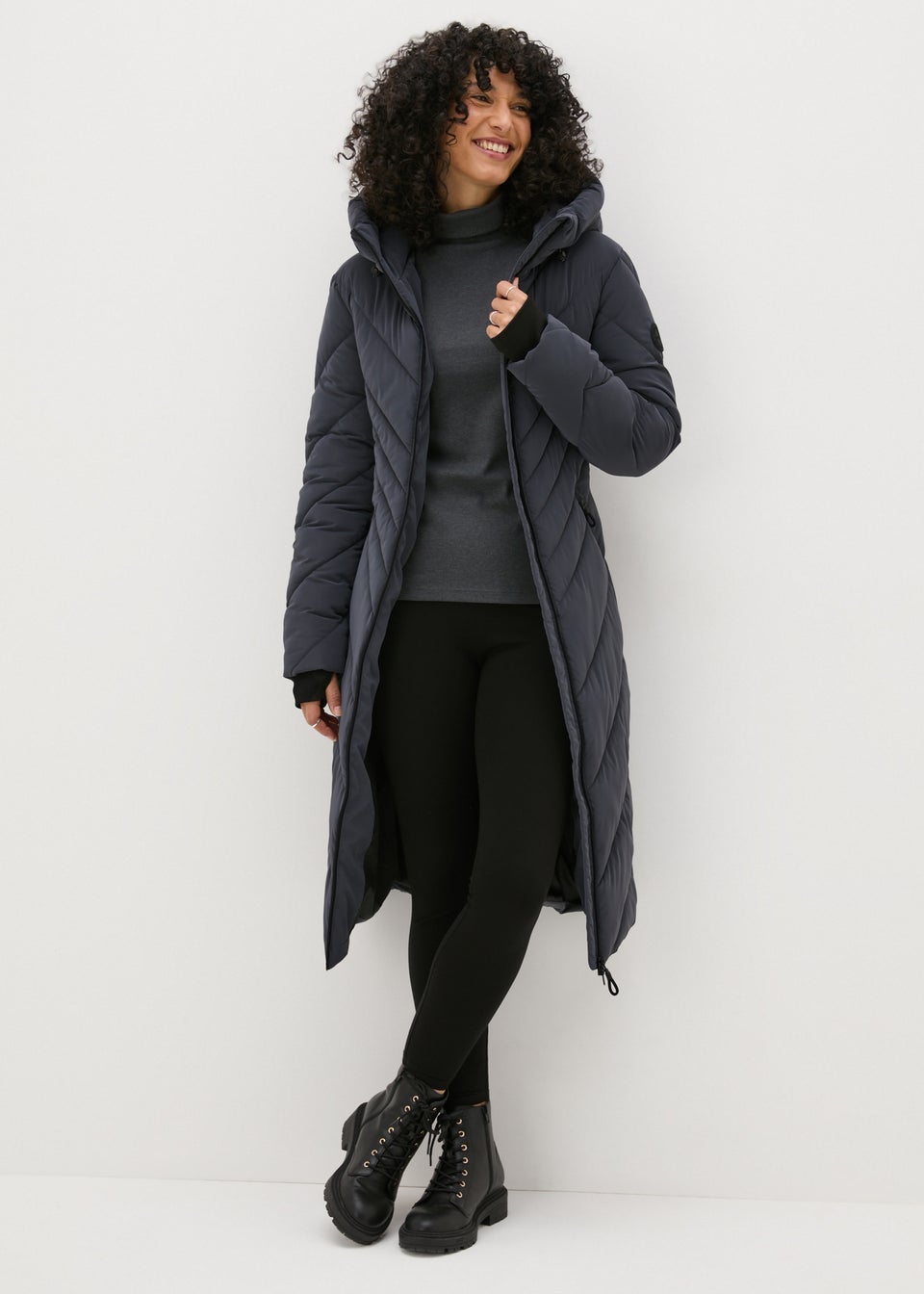 Grey padded long coat shop