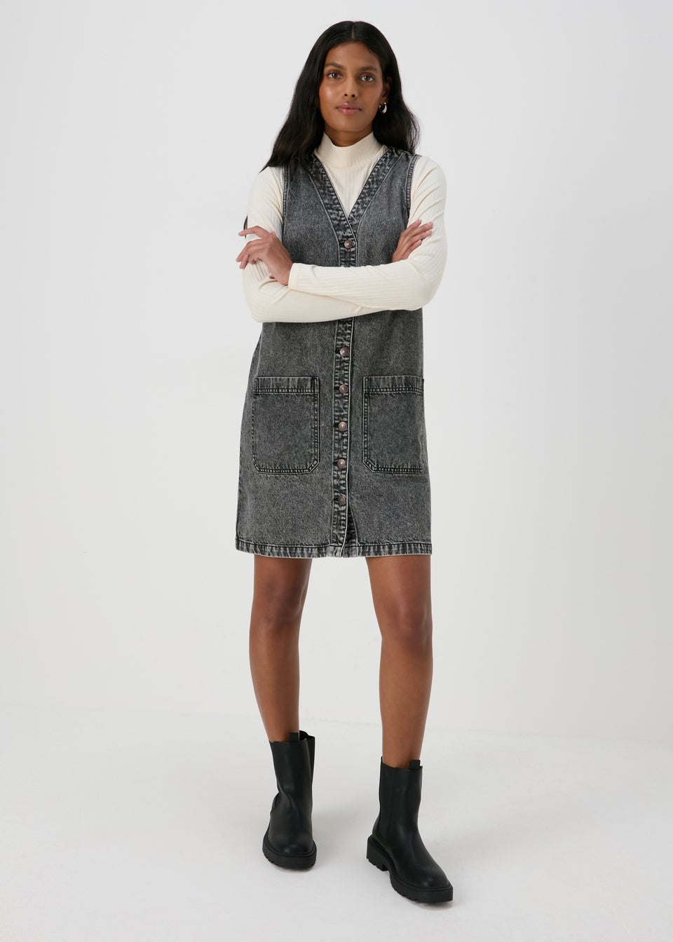 Grey Denim Pinafore Dress Matalan