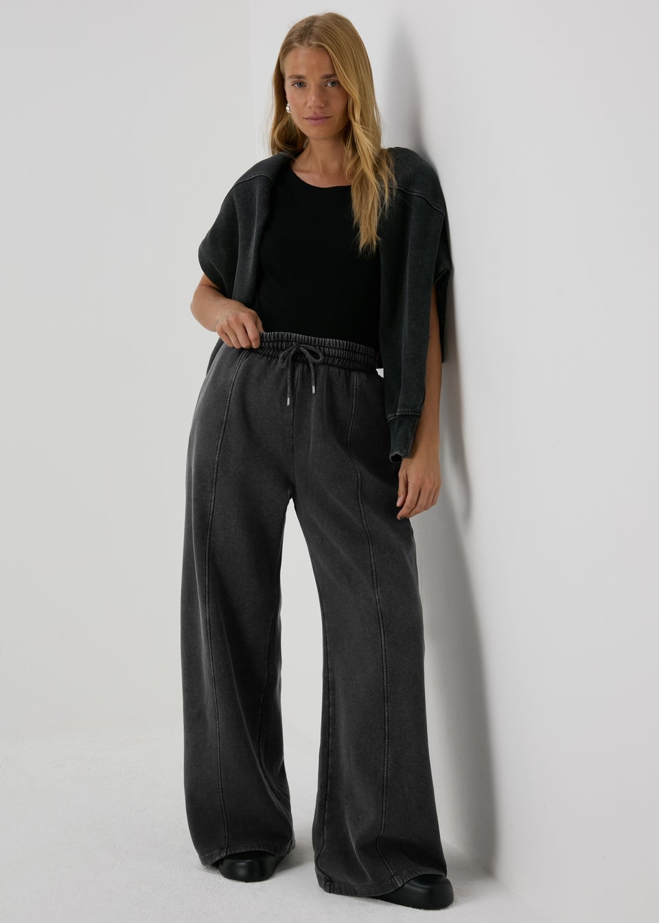 Charcoal Acid Wash Wide Leg Jogging Bottoms Matalan