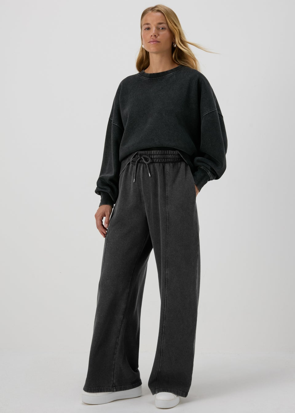 Charcoal Acid Wash Wide Leg Jogging Bottoms